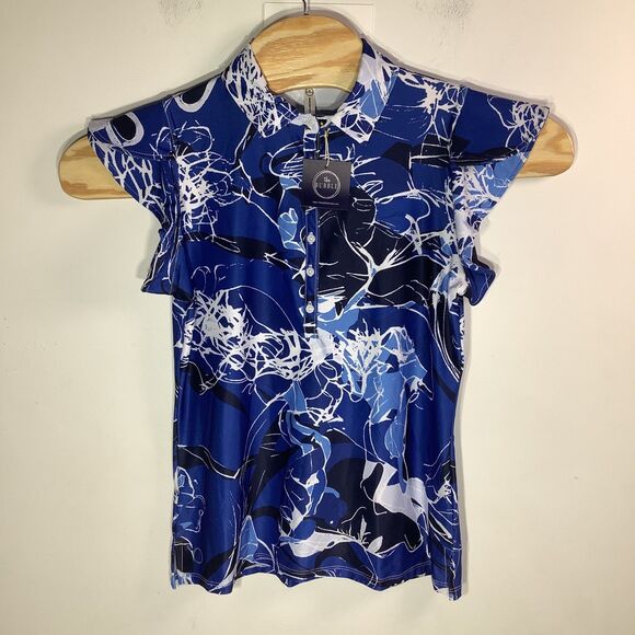 The Bubble Womens Short Sleeve Flutter Polo Golf Tennis Top Blue Size Medium NWT - Picture 2 of 9
